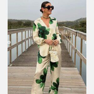 PANTS ZARA satin Floral flowy PRINTED pants Green Ecru NWT XS S M L XL 2183/041